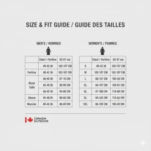 Size guide and fitment chart for men's and women's heated snowmobile jackets available in Canada / Guide des tailles pour manteaux de motoneige chauffants.