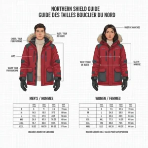 Size chart illustration for Canadian men's and women's fits, including room for layering over sweaters.