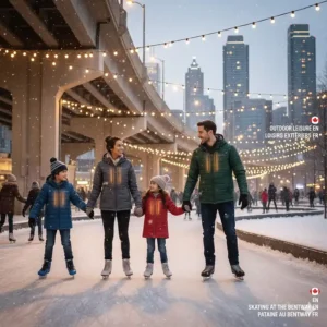 Illustration of a Canadian family skating at The Bentway under the Gardiner Expressway, wearing lightweight heated outerwear.