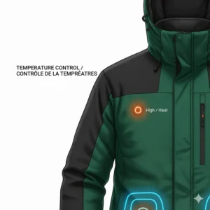 Close-up of a heated jacket control button with LED heat settings for extreme cold protection (English and French interface).