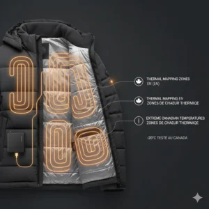 Technical diagram showing carbon fiber heating elements in a jacket designed for extreme Canadian winter temperatures.