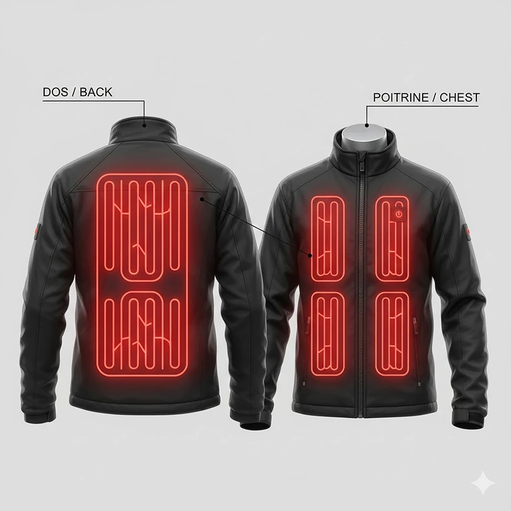 Technical illustration of a heated jacket for hockey parents showing the specific locations of carbon fiber heating elements in the chest and back.