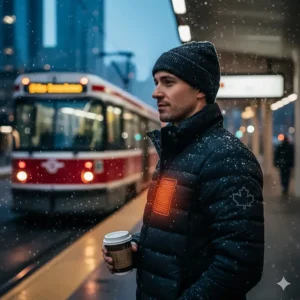 Professional wearing a battery heated jacket while waiting for the TTC in Toronto during a light snowfall.