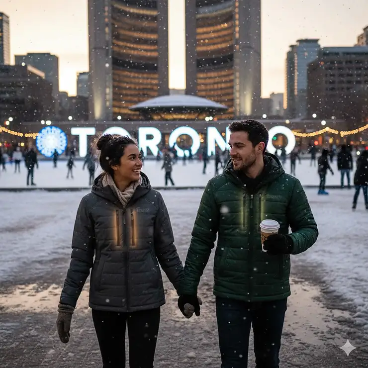 A person wearing a stylish battery-heated jacket standing in front of the Toronto sign at Nathan Phillips Square during a snowy winter evening.