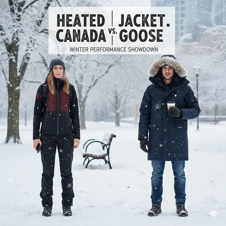 A side-by-side comparison of a battery-powered heated jacket and a classic Canada Goose down parka during a snowy Canadian winter.