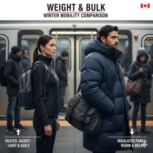 An illustration showing the slim profile of a heated jacket versus the heavy insulation of a Canada Goose coat for commuting.