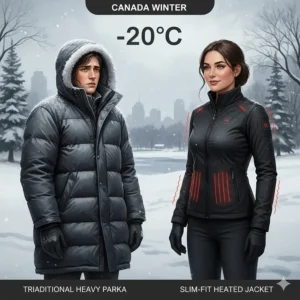 A side-by-side illustration comparing a standard heavy parka to a slim-fit heated jacket in a -20°C Canadian winter setting.