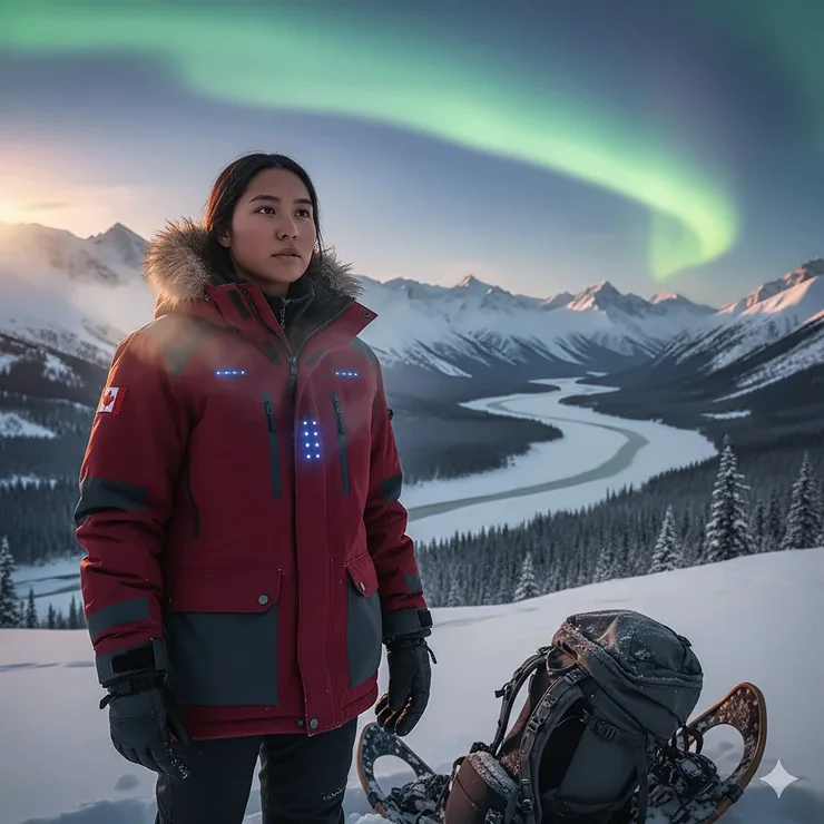 A person wearing a high-performance battery-heated jacket standing under the Aurora Borealis in the Yukon, Canada. heated jacket yukon northwest territories