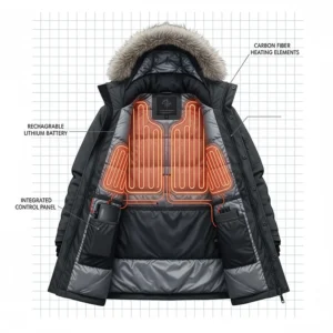 Diagram showing the slim rechargeable battery pack placement inside a Canadian-grade heated parka.