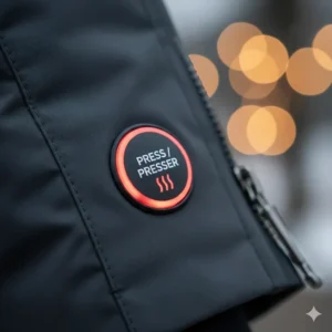 Close-up of a heated parka LED control button with instructions in both English and French.