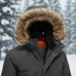 Illustration of a heated parka featuring a faux-fur detachable hood for versatile Canadian weather.