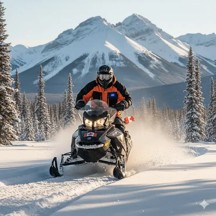 A rider wearing a battery-powered heated snowmobile jacket while riding through deep powder in the Canadian Rockies.