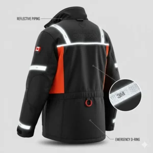 Illustration of safety features on a heated snowmobile jacket, including 3M reflective strips for visibility in Canadian winter blizzards.