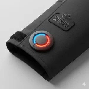 Close-up of the easy-access temperature controller on a heated jacket for adjusting warmth levels while wearing snowmobile gloves.