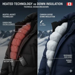 A technical diagram of carbon fiber heating elements compared to 625-fill power Canadian duck down insulation.