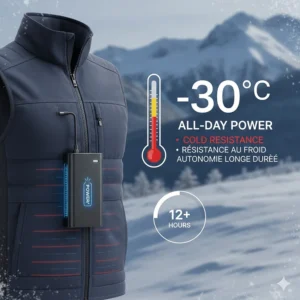 Technical illustration of a long-lasting battery for the best heated vest, designed to function in temperatures down to -30 degrees Celsius.