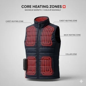 Illustration of carbon fiber heating zones in a premium heated vest, focusing on the chest and back for core body warmth.