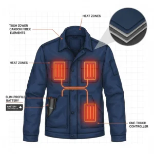 Technical diagram showing the slim-profile battery pack and heating zones of a rugged heated work jacket.