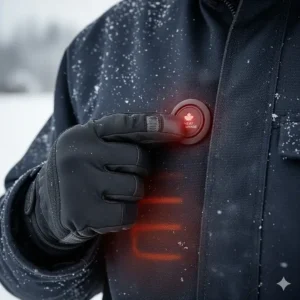 Close-up illustration of the one-touch heat controller on a jacket, designed for ease of use with winter gloves.