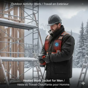 Illustration of a durable heated jacket for men being used for outdoor construction work in Canada. Veste de travail chauffante.