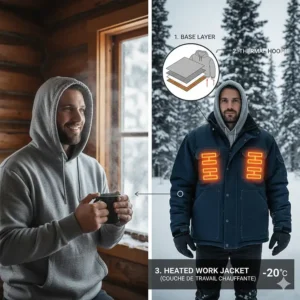 Illustration showing how to layer a heated work jacket over a hoodie for extreme -20°C Canadian temperatures.