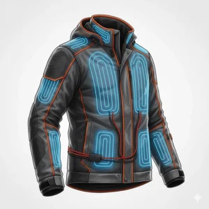 Diagram showing the strategic heating zones in a snowmobile jacket to keep core temperatures stable during long Canadian trail rides.