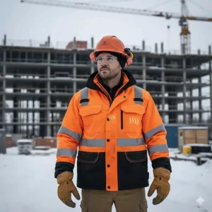 A durable, high-visibility battery heated jacket suitable for Canadian outdoor construction or trade work.
