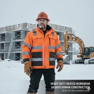 A durable, high-visibility heated jacket illustration suitable for outdoor trades and construction work in Saskatchewan.