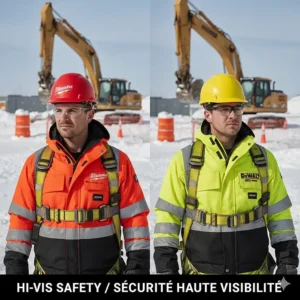 Milwaukee and DeWALT high-visibility (Hi-Vis) heated jacket options for Canadian construction and road work safety.