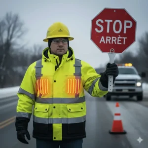 High-visibility yellow heated work jacket with reflective strips for Canadian roadside and industrial safety.