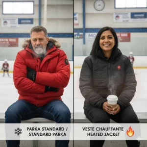 Side-by-side comparison of a shivering spectator in a standard parka versus a comfortable parent in a heated jacket at a local hockey rink.