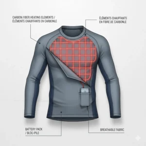 A technical diagram showing the carbon fiber heating elements inside a heated base layer shirt.