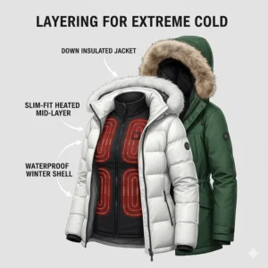 Graphic highlighting the auto-shutoff and overheat protection features of a high-quality women’s heated jacket.