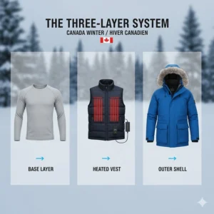 A layering guide showing the best heated vest worn over a thermal base layer and under a winter jacket for maximum warmth.