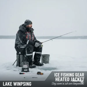 Illustration of an angler ice fishing on Lake Winnipeg using a heated jacket to stay warm in sub-zero temperatures.