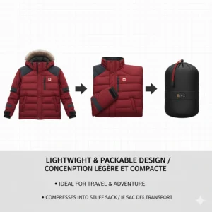Illustration showing the packable nature of a lightweight heated puffer jacket for Canadian travel and adventure.