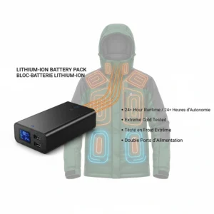 Illustration of the long-lasting battery pack powering a heated jacket for extreme cold in sub-zero Canadian climates.