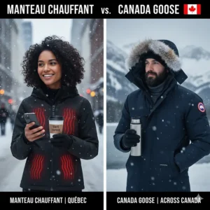 A bilingual graphic titled "Manteau chauffant vs Canada Goose" showcasing winter gear options for Quebec and across Canada.
