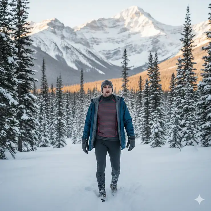 A person wearing a heated base layer top while hiking through a snowy Canadian forest in the Rocky Mountains.