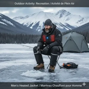 A man wearing a heated jacket for men while ice fishing on a frozen lake, emphasizing outdoor recreational use in Canada.