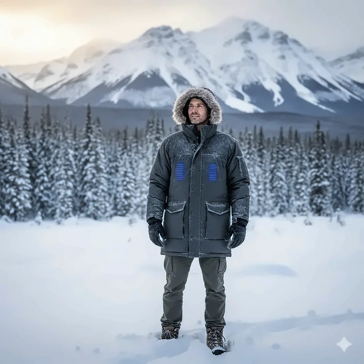 A person wearing a heavy-duty heated parka standing in a snowy Canadian landscape with pine trees.