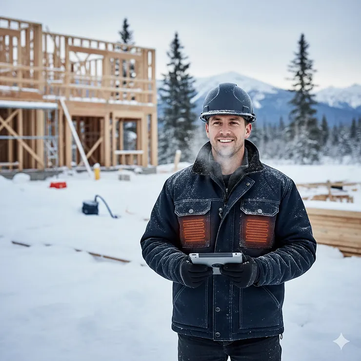 A professional contractor wearing a heavy-duty heated work jacket on a snowy Canadian construction site.