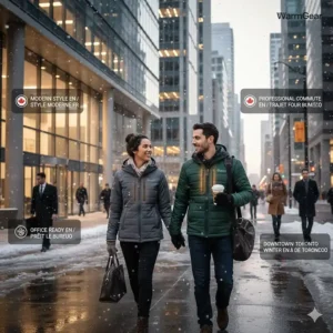 Stylish, slim-fit heated jacket suitable for a professional office commute in downtown Toronto during the winter season.
