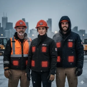 Diverse group of Canadian workers in a variety of black and navy blue heated work jackets.