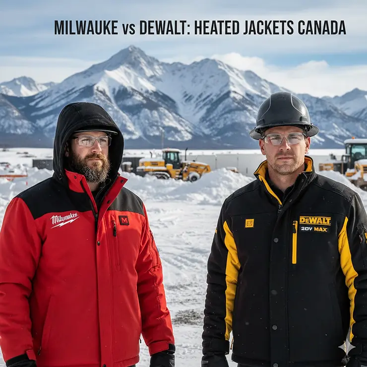 A side-by-side comparison of a Milwaukee M12 heated jacket and a DeWALT heated jacket being worn outdoors during a snowy Canadian winter. milwaukee heated jacket vs dewalt