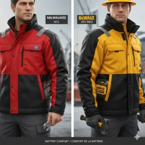Comparison of battery pocket placement and comfort between Milwaukee and DeWALT heated jackets for Canadian tradespeople.