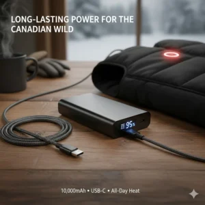 A sleek power bank and USB-C charging cable next to a jacket, showing how long-lasting battery life makes a heated jacket worth it for outdoor activities.