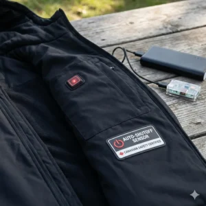Graphic showing the safety sensors and auto-shutoff features of a Canadian-certified battery heated jacket.