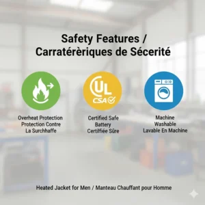Safety feature icons for a heated jacket for men, including auto-shutoff sensors and machine-washable components.