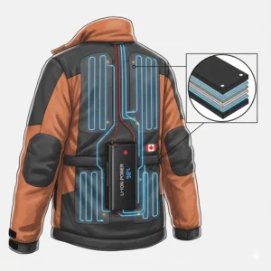 Illustration of a high-capacity lithium-ion battery designed for heated snowmobile jackets in extreme Canadian winter temperatures.
